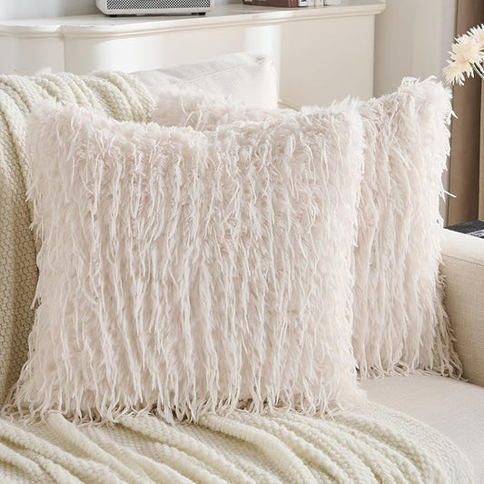 FUTEI Cream White Decorative Throw Pillow Covers 24x24 Inch Set of 2,Soft Fluffy Faux Feather Texture European Cushion Cases,Modern Home Luxury Decor for Couch Bed Living Room