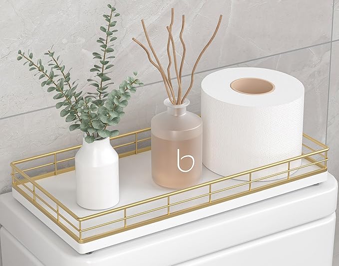 Toilet Paper Basket Organizer – Oak Wood Toilet Tank Tray with Metal Frame, Back of Tank or Top Bathroom Counter Storage – Gold & White Modern Decor