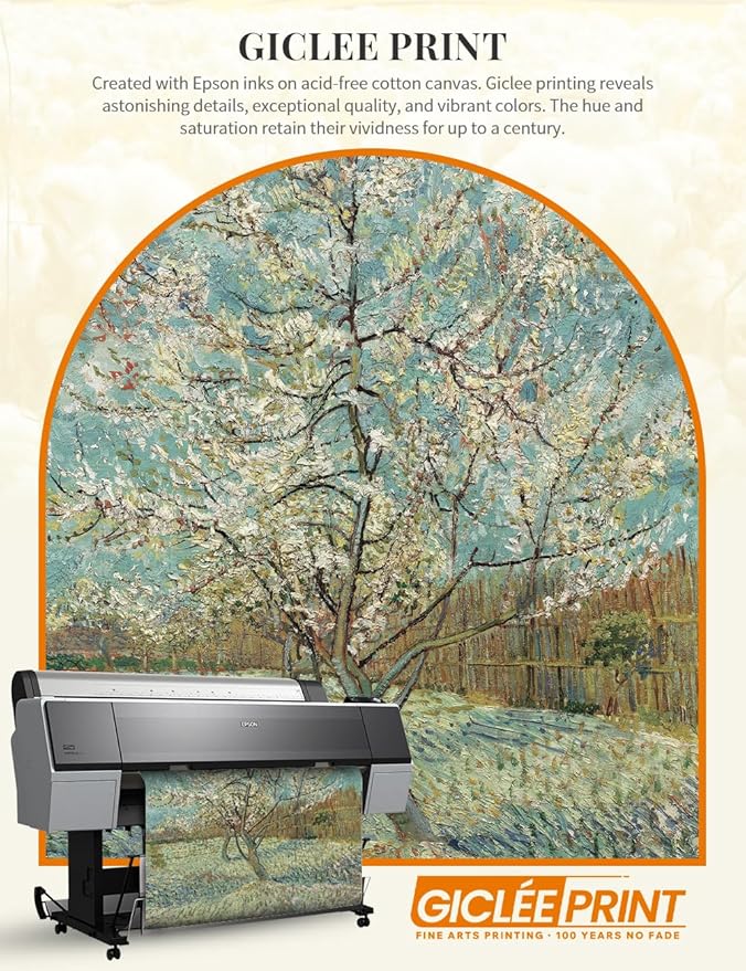 DECORARTS - Vincent van Gogh's The Pink Peach Tree. Museum-Quality Giclee Print on Cotton Canvas, Gold Solid Wood Frame, Framed Size: 34.75x28.75 in, Made in USA