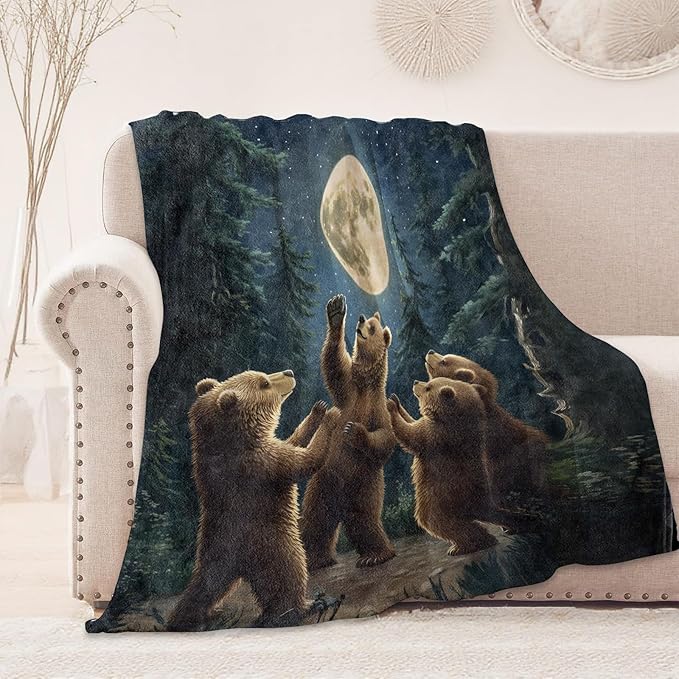 Dancing Bear Blanket, Cozy Flannel Bear Family in Moonlight Throw Blanket, Soft Fuzzy Blankets for Travel Home Decor, All Season Lightweight Couch Bed Cover, Gifts for Women Adults Kids 50"×60"