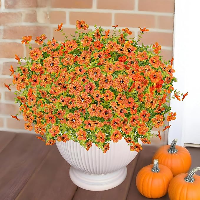Agusbagli 24 Bundles Artificial Fall Flowers Outdoor UV Resistant Autumn Fake Flowers No Fade Faux Plastic Greenery Shrub Plants for Wedding Garden Window Box Fireplace Home Decor, Orange