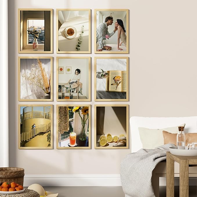 Vittanly 12x16 Picture Frames Set of 9, Shatter Resistant Plexiglass, Display 11x14 Pictures with Mat or 12x16 without Mat, Photo Frames for Wall Mount, Engineered Wood, OAK