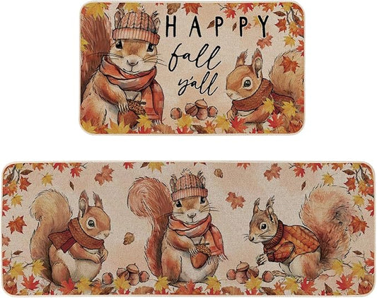 Happy Fall Y'all Squirrel Kitchen Rugs Set of 2, Seasonal Autumn Thanksgiving Holiday Home Decor Low-Profile Kitchen Mats for Floor - 17x29 and 17x47 Inch