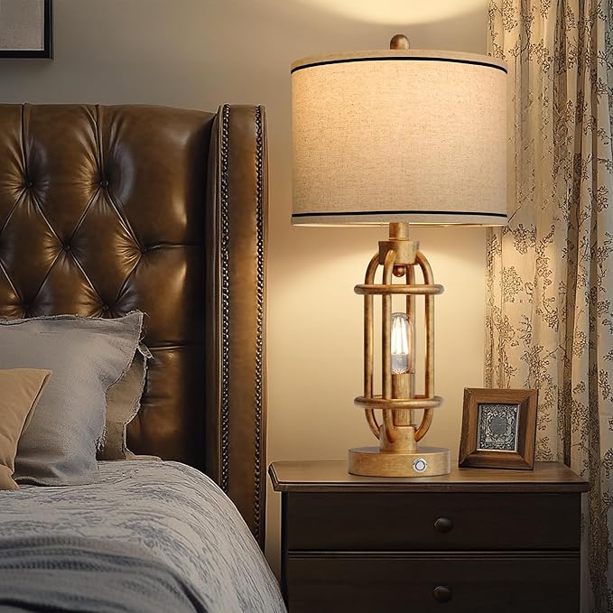 23.75'' Table Lamps Set of 2 for Living Room Bedroom Industrial Farmhouse Metal Touch Lamps with USB A+C Ports, Night Light Vintage Nightstand Bedside Lamp, Bulbs Included, Antique Gold