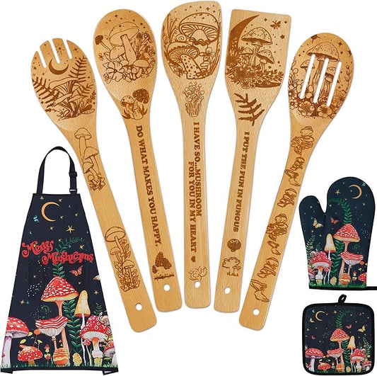 Mushroom Kitchen Decor Bamboo Cooking Spoon with Apron Oven Mitt Pot Holder Utensil Set -Mushroom Kitchen Accessories,Home Decorations Gifts for Women-Housewarming,Birthday Gift,8PCS