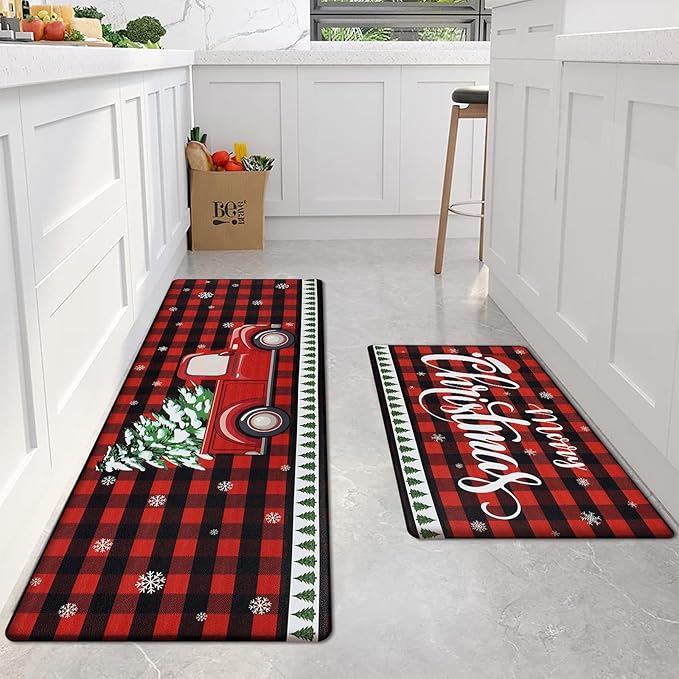 SHACOS Christmas Kitchen Rugs Set of 2 Anti-Fatigue Kitchen Mats Cushioned Red Plaid Christmas Truck Kitchen Rugs Buffalo Checker Kitchen Mats and Rugs for Xmas 17"x27.5"+17"x47"