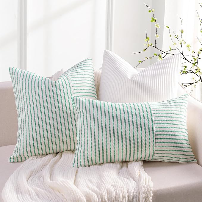 YCOLL Farmhouse Pillow Covers 12x20, Modern Accent Spring Throw Pillow Covers Set of 2, Green Striped Patchwork Linen Decorative Pillows Cushion Covers for Couch Bedroom Summer Home Decor