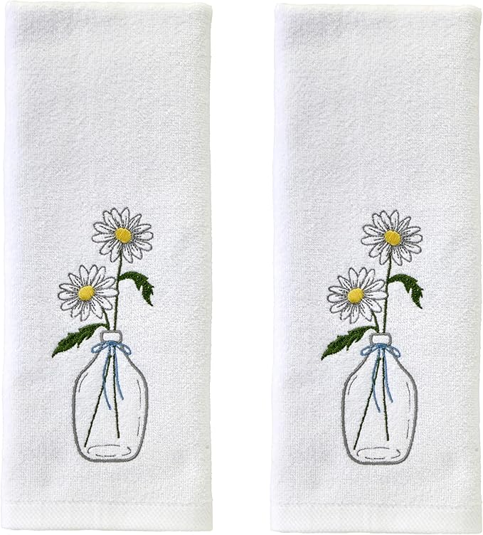 SKL Home Daisies in Vase Hand Towel 2pc Set for Bath/Kitchen/Bar & Gift, Optic White