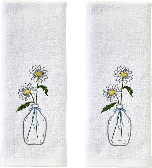SKL Home Daisies in Vase Hand Towel 2pc Set for Bath/Kitchen/Bar & Gift, Optic White
