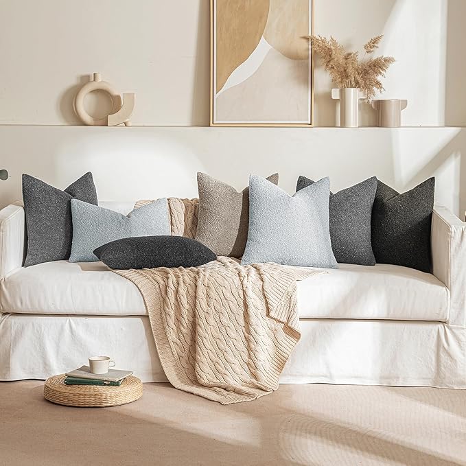 MIULEE 18x18 Inch Decorative Pillow Covers for Couch Bed Set of 2 Textured Boucle Neutral Throw Pillows Light Grey Accent Solid Cushion Pillowcase Cozy Soft Sofa Livingroom Home Decor