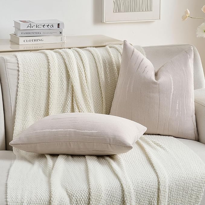 FUTEI Beige Chenille Decorative Throw Pillow Covers 26x26 Inch Set of 2,Soft Embossed Striped Textured Euro Pillow Shams,Modern Home Decor for Couch Bed Living Room