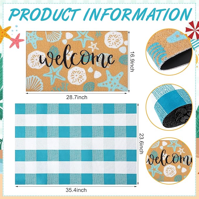 2 Pcs Summer Door Mat Beach Welcome Non Slip Coir Mats Sea Style Starfish Seashells Ocean Buffalo Plaid Floor Layering Doormats Seasonal for Front Porch Entryway Decor(Summer Beach)