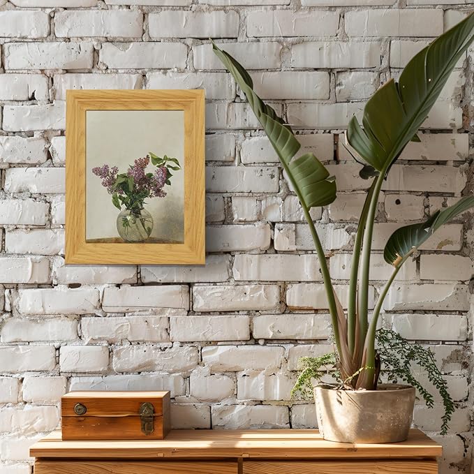 Brivoria Framed Canvas Wall Art Vintage Decor Realistic Still Life with Purple Lilacs in Glass Vase on Light Wood Table Botanical Artwork for Kitchen Reading Nook or Tabletop Display 8"x10"
