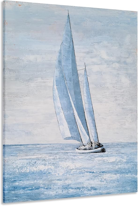 Yihui Arts Coastal Sailing Boat Canvas Wall Art - Blue and White Nautical Picture for Living Room, Bedroom, or Bathroom Decor with Vertical Seaside Artwork