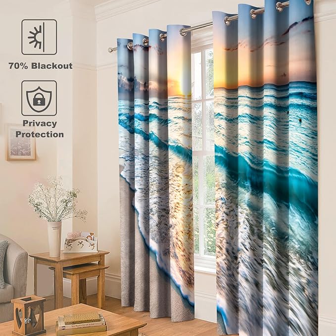 Jekeno Beach Ocean Waves Blackout Curtains Tropical Sea Sunrise Seaside Coastal Scenic Hawaiian Scenery Decor for Home Bedroom Living Room Darkening Grommet Window Drapes 2 Panel Set, 52"x63"
