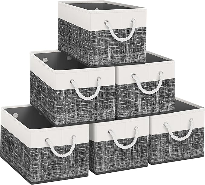 Fab totes Storage Bins [6-Pack], Foldable Storage Baskets for Organizing Toys, Books, Shelves, Closet, Large Storage Box with Rope Handles, Sturdy Organizer Bins, White & Black