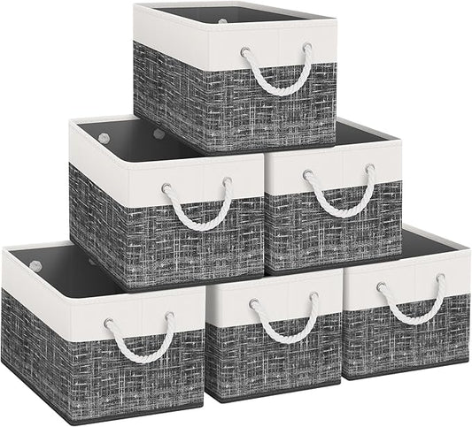 Fab totes Storage Bins [6-Pack], Foldable Storage Baskets for Organizing Toys, Books, Shelves, Closet, Large Storage Box with Rope Handles, Sturdy Organizer Bins, White & Black