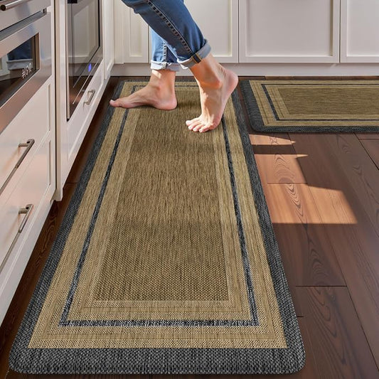 KIMODE Anti Fatigue Kitchen Mats 17"x47"+17"x29", Farmhouse Kitchen Rugs Sets of 2, Non Slip Kitchen Mats for Floor, Cushioned Comfort Standing Mats for Sink Laundry Office Desk Grey/Brown
