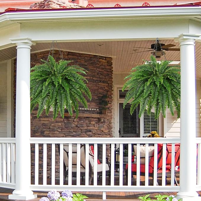 Artificial Boston Fern Bush- Set of 2 Large Artificial Ferns for Outdoors, 45Inch Large Faux Ferns, Suitable for Office & Living Room Decor, 55Branches for Each Bouquet