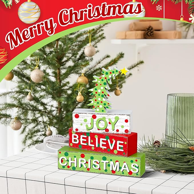Geelin 4 Pcs Christmas Wooden Tabletop Decor Christmas Tree Tiered Tray Decor Xmas Red and Green Centerpiece Rustic Decorative Block Signs Gift Farmhouse Table Decoration for Home Kitchen