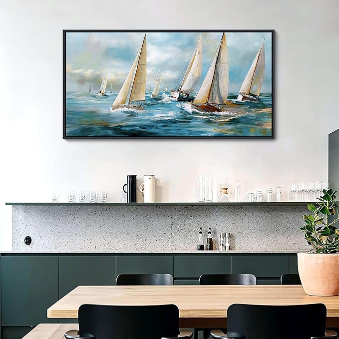 YDYSUNE Sailboat Wall Art - Blue Canvas Abstract Painting Textured Picture Artwork Vintage Nautical Large Painting Coastal Modern Print Frame for Living Room Bedroom Home 24x48inch