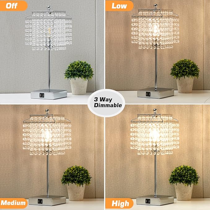 Luvkczc Crystal Table Lamp with Touch Control and USB for Bedside, 3-Way Dimmable with Crystal Shade for Bedroom, Living Room, 6W LED Bulb Included