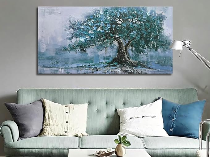 Ardemy Large Tree Canvas Wall Art for Living Room Teal Tree of Life Landscape Bedroom Picture Painting Artwork Framed Home Office Dining Room Kitchen Wall Decor, 48"x24"