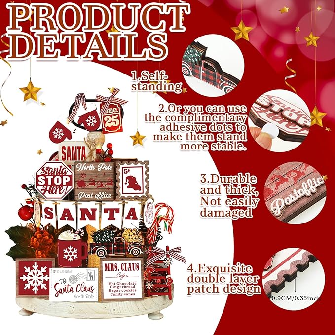 17 Pcs Christmas Tiered Tray Decor Set Winter Tiered Tray Decorations Farmhouse Tabletop Centerpiece Christmas Wooden 3D Sign for Xmas Home Buffalo Plaid Rustic Table Decoration(Classic)