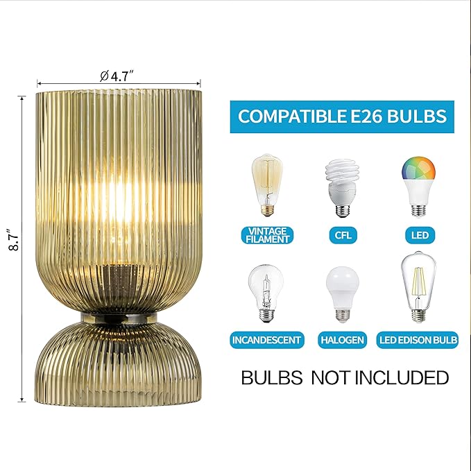 Modern Table Lamp,Glass Mid Century Lamp with Green Glass Shade, Bedside Lamp with On/Off Switch, Minimalist Nightstand Lamp for Bedroom, Living Room, Office (Bulb not Included)