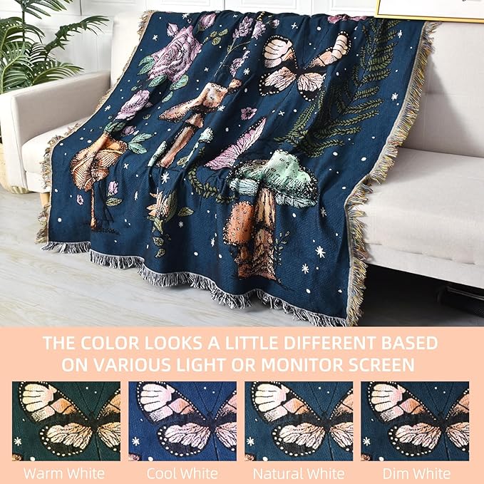 Boho Throw Blanket Reversible Cotton Bohemian Tapestry Hippie Room Decor Double Sided (Mushroom 50"x60")