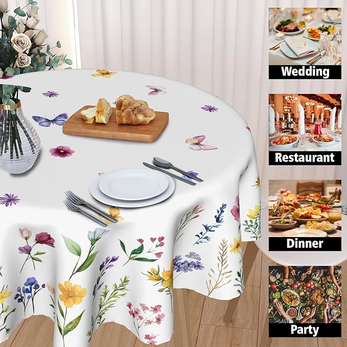 Spring Flower Round Tablecloth Spring Summer Floral Tablecloth Round 60 Inch Watercolor Wildflower Table Cloth Spring Butterfly Farmhouse Table Covers for Kitchen Dinner Picnic Party Indoor Outdoor