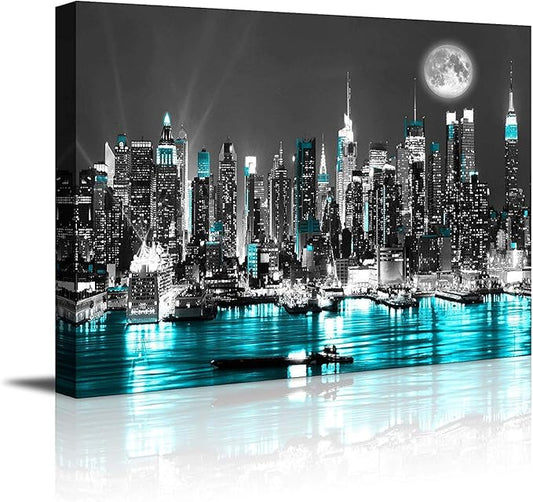 canvas wall art blue sea New York paintings Wall Art,Black and White Stretched wall art for bedroom artwork Canvas Art Prints, 16"x20"Wall Decoration Painting bedroom wall decor Office, Ready to Hang