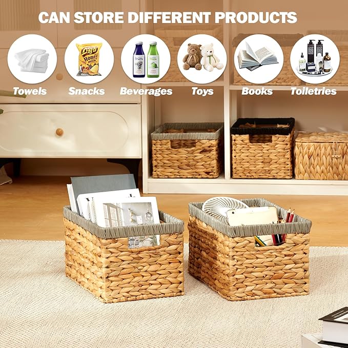 Wicker Storage Basket 2 Pack, Water Hyacinth Storage Baskets with Built-in Handles, Large Wicker Baskets for Storage & Organizing, Natural with Grey