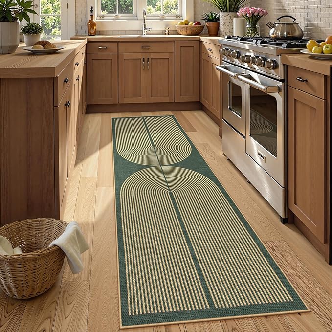 Lahome Modern Rainbow Easy Jute Kitchen Runner, 2x8 Indoor Outdoor Runner Rug for Hallway Entryway, Farmhouse Dark Green Non Slip Floor Carpet for Bedroom Foyer Laundry Room
