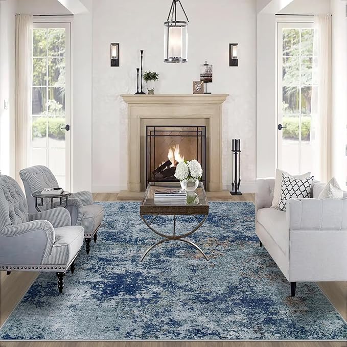10x14 Area Rugs for Living Room: Large Machine Washable Area Rug with Non Slip Backing Non Shedding Abstract Stain Resistant Carpet for Bedroom Dining Room Nursery Home Office - Blue