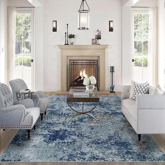 Area Rugs 9x12 Living Room: Large Machine Washable Area Rug with Non Slip Backing Non Shedding Abstract Stain Resistant Carpet for Bedroom Dining Room Nursery Home Office - Blue