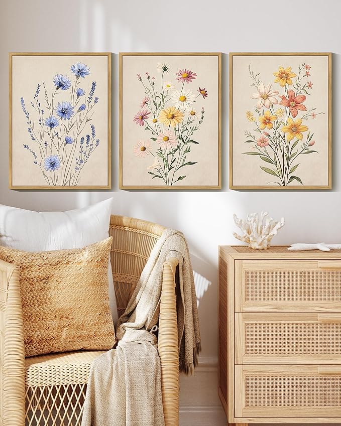 KUVIOKE Vintage Wildflower Bouquet Framed Wall Art Color Botanical Flower Wall Decor Modern Colorful Floral Hanging Decor for Living Laundry Dining 11x14in (Natural Framed)