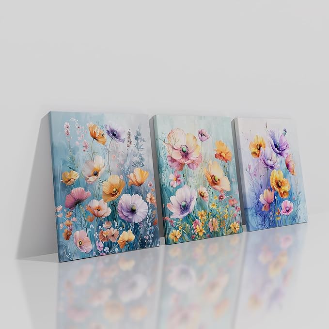 Floral Canvas Wall Art Colorful Abstract Wildflower Purple Daisy Flower Green Leaves Picture Print Plant Theme Posters Painting Artwork for Bedroom Bathroom Wall Decor Ready to Hang [36''W x 16''H]