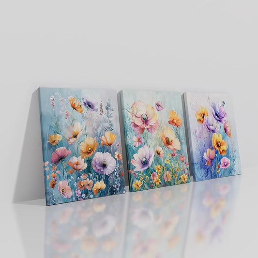 Floral Canvas Wall Art Colorful Abstract Wildflower Purple Daisy Flower Green Leaves Picture Print Plant Theme Posters Painting Artwork for Bedroom Bathroom Wall Decor Ready to Hang [36''W x 16''H]