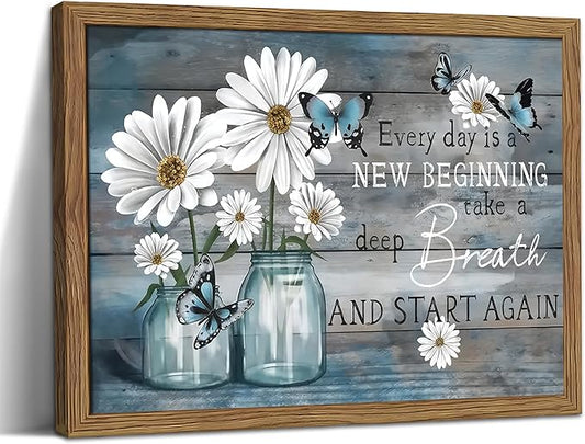 Wood Framed Daisy Butterfly Wall Art, Blue Rustic Farmhouse Canvas Wall Decor Paintings, Inspirational Flower Still Life Posters Prints Pictures for Kitchen Bathroom Home Decor 12x16 Inch