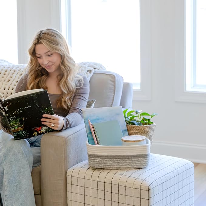 NaturalCozy 11.8"x8"x4.5” Storage Baskets for Shelves 3 Pack | Cotton Rope Woven Small Baskets for Organizing | Small Storage Bins for Nursery, Bathroom, Closet, Cube Shelf, Decorative, Gift Basket