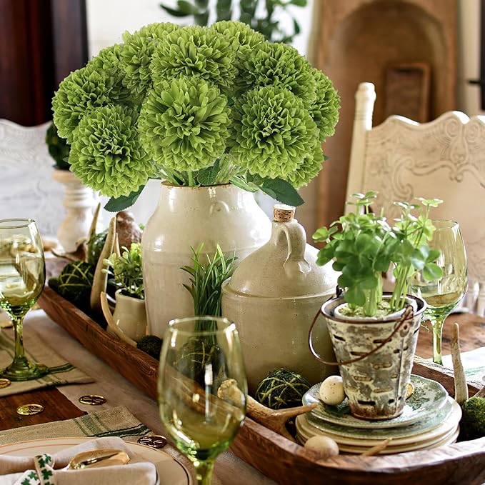 Hananona 12 Pcs Artificial Chrysanthemums Flowers Ball Flower, Fake Mums Flowers Green Silk Flowers for Home Decor Indoor Floral Arrangement St Patricks Day Table Centerpiece (12, Green)