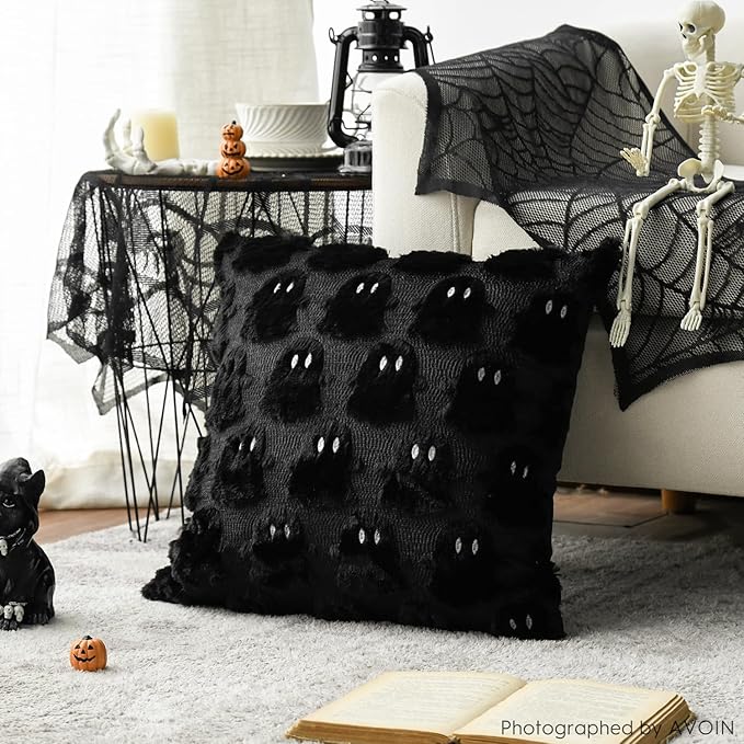 AVOIN colorlife Halloween Ghost Black Throw Pillow Cover Set of 2, 18 x 18 Inch Soft Plush Faux Fur Jacquard Spooky Cushion Case Decoration for Sofa Couch
