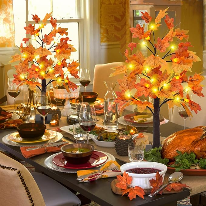 Uieke 24inch Lighted Artificial Fall Maple Tree Fall Decor 24 LED Tabletop Fall Tree with 6 Pne Cones Lights Battery Operated with Timer, Fall Decorations for Home Thanksgiving Autumn Harvest Decor