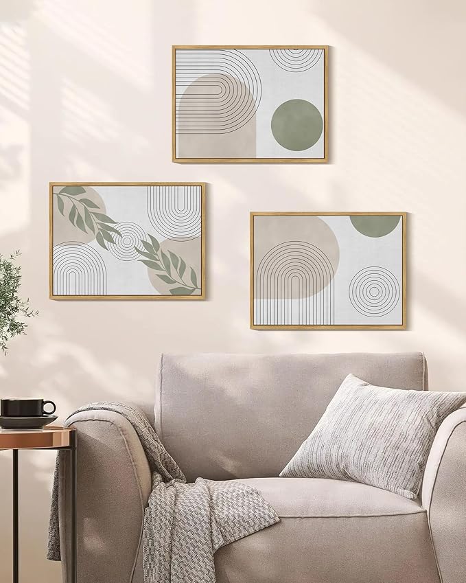 KUVIOKE Green Boho Framed Wall Art Modern Botanical Wall Printing Neutral Geometric Bohemain Sage Decor Ready to Hang 12x16in (Natural Framed)