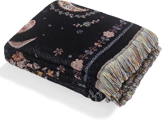 Boho Throw Blanket Reversible Cotton Bohemian Tapestry Hippie Room Decor Double Sided (Lunar Eclipse Black 50"x60")