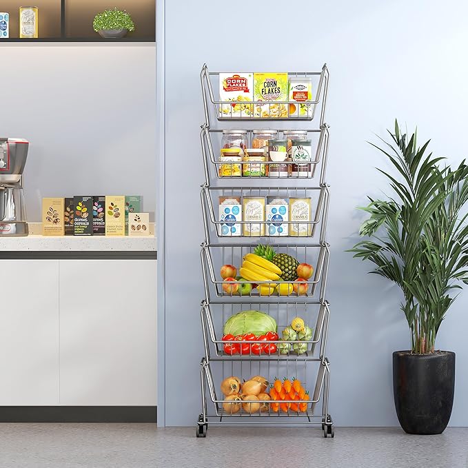 PUSDON Stackable Metal Storage Carts, Dual Use Shelf for Kitchen Fruit Vegetable Baskets with Wheels, Storage Rack for Living Room, Home & Office, Standard Silver Grey 4 Tiers