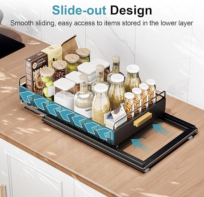 Under Sink Organizer, Kitchen Under Sink Organizers and Storage, Mute Pull Out Cabinet Organizer Shelf, Metal Sliding Drawer for Kitchen Bathroom Pantry Cabinet Closet Organization Rack, Black