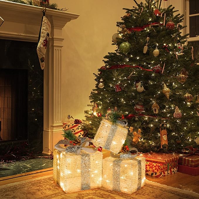 Christmas Lighted Gift Boxes, Pre-lit Lights Gold Linen Cloth Gift Boxes, Light up Present Boxes Set Battery Operated with Different Sizes for Holiday Indoor Outdoor Decorations (Gold Liene)