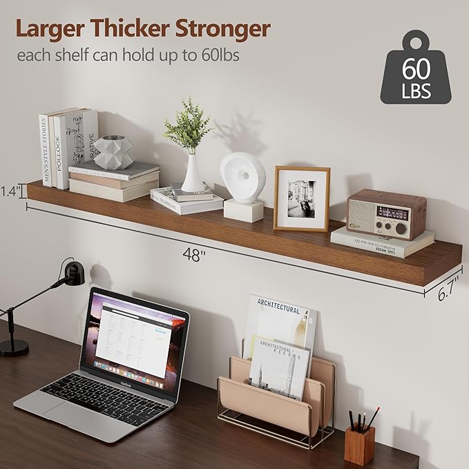 Rustic Floating Shelves, 48 Inch Floating Shelf Set of 2, Solid Wood Wall Mounted Shelves Dark Wood Shelves for Bedroom Bathroom Living Room - Dark Walnut